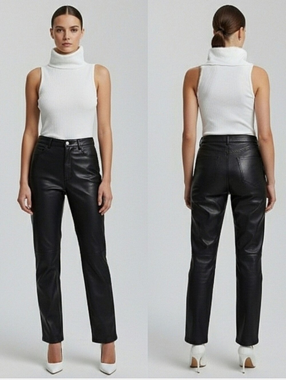 Revamped Ivory/White Sleeveless Turtleneck Curved Knit Tank